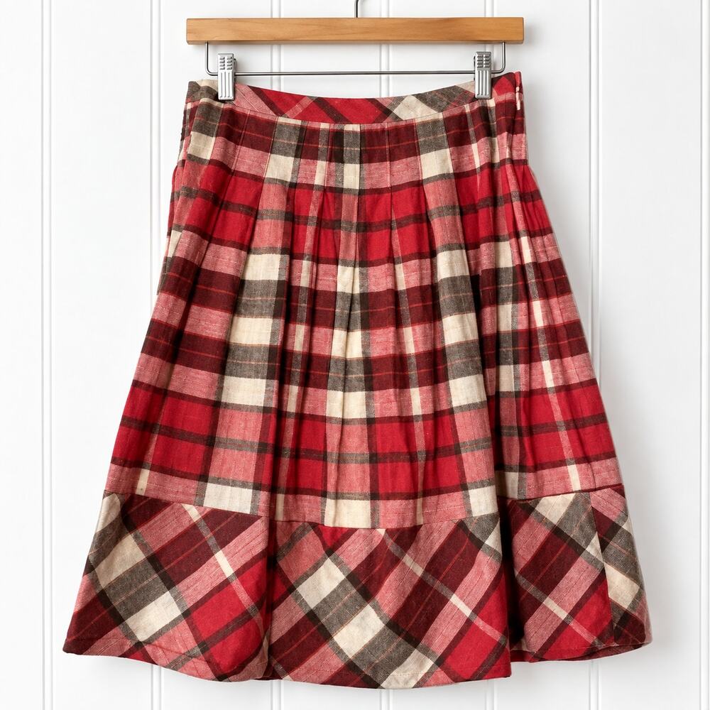 Talbots Plaid Pleated Skirt Womens 4 Red Brown Cotton A Line Knee Length